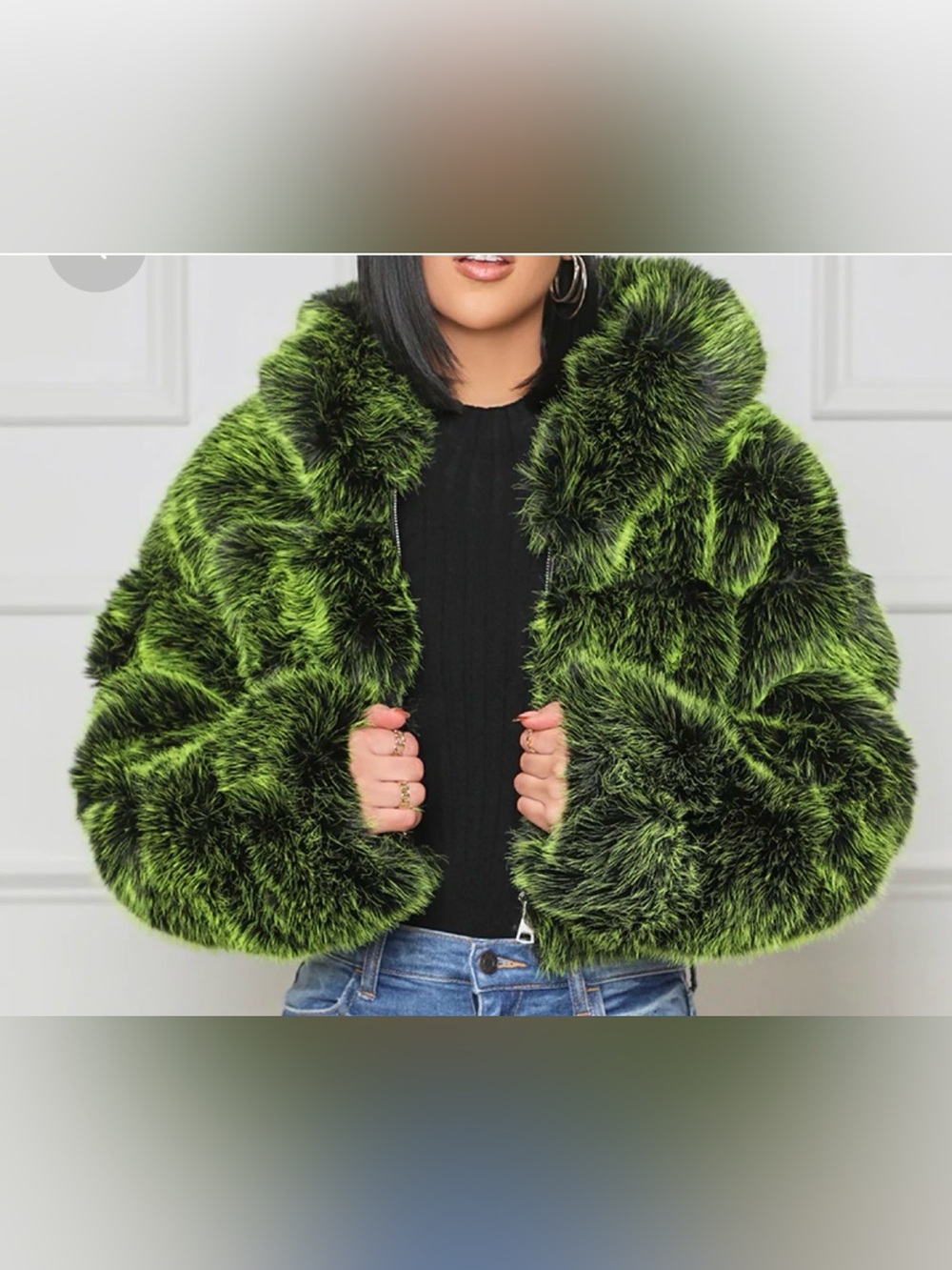Cropped Green Faux Fur Teddy Jacket - Women